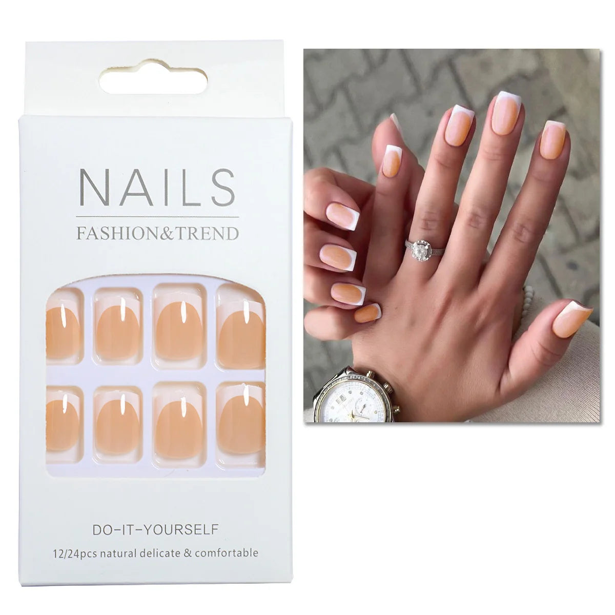✨ 24pcs Short Square Press-On Nails – White French Tips with Heart Design 🔷 طقم 24 ظفر صناعي قصير مربع – تصميم قلب أبيض وأطراف فرنسية للعروس
