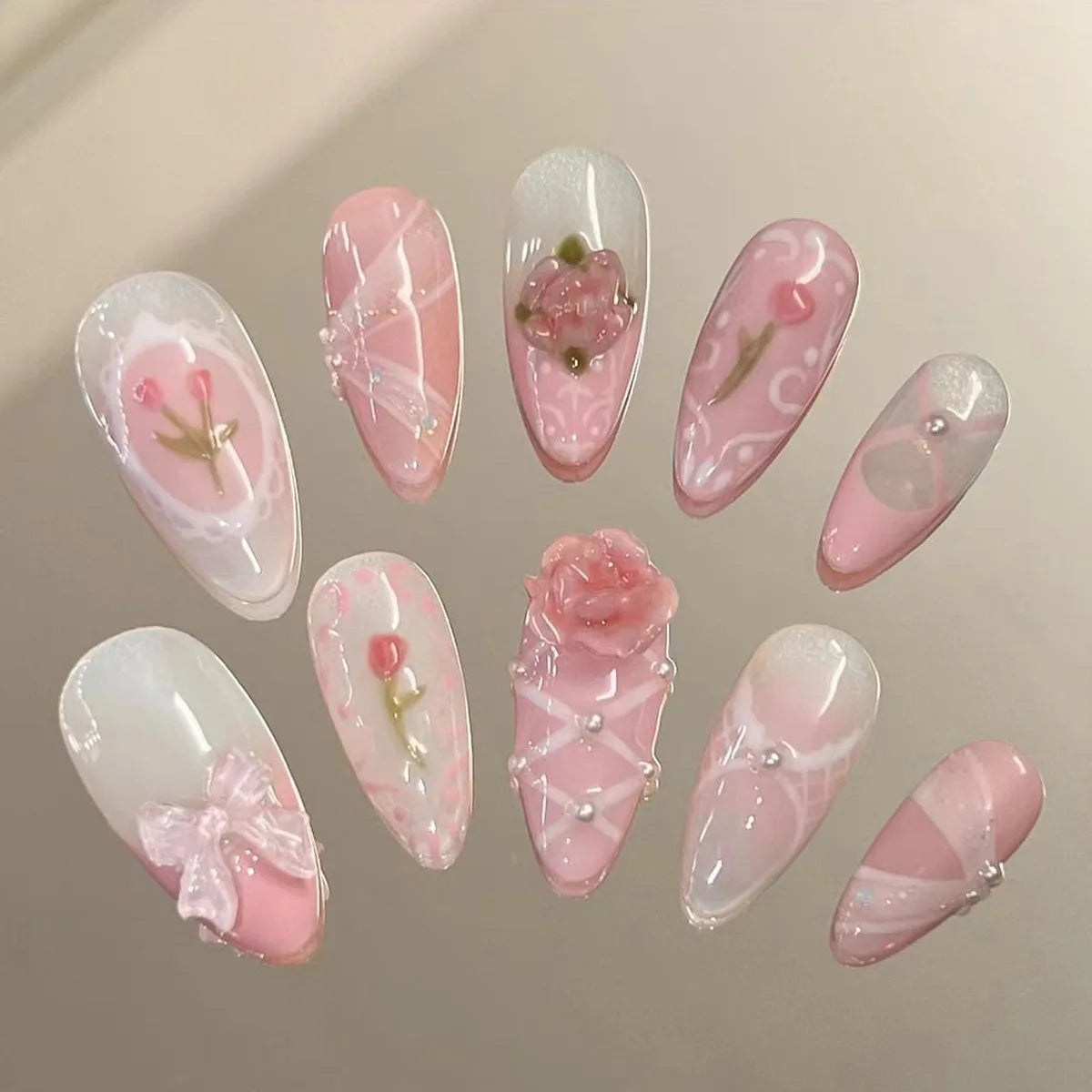 24pcs Sweet Detachable False Nails with Bowknots & Pearls – أظافر صناعية فاخرة قابلة للفك مزينة بفيونكات ولؤلؤ