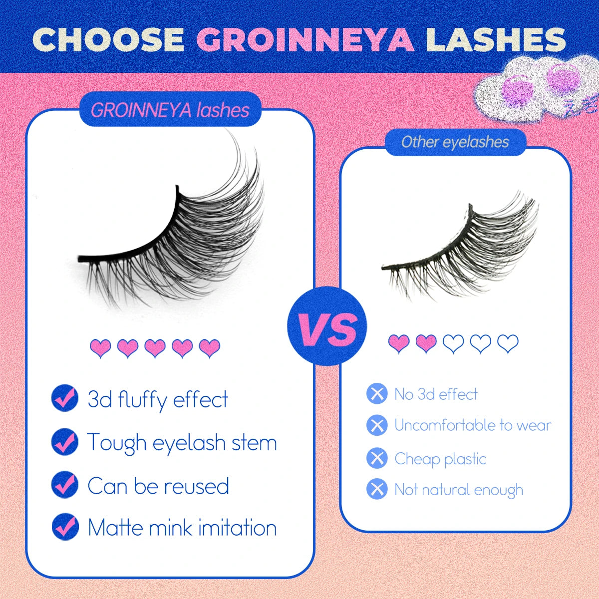 رموش نصفية ناعمة بتأثير عيون القطة - GROINNEYA Soft Half Cat Eye False Eyelashes (5/7/10 Pairs)