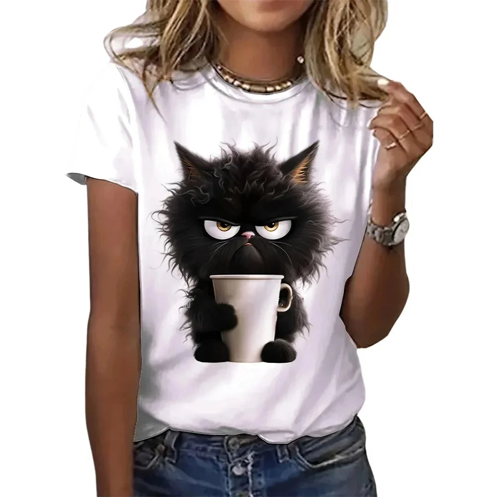 😻 Funny Cat Print T-Shirt for Women 👚 – Casual Summer Short Sleeve O-Neck Top | تيشيرت نسائي صيفي بطبعة قطط مضحكة – قميص أبيض بأكمام قصيرة وقبة مستديرة