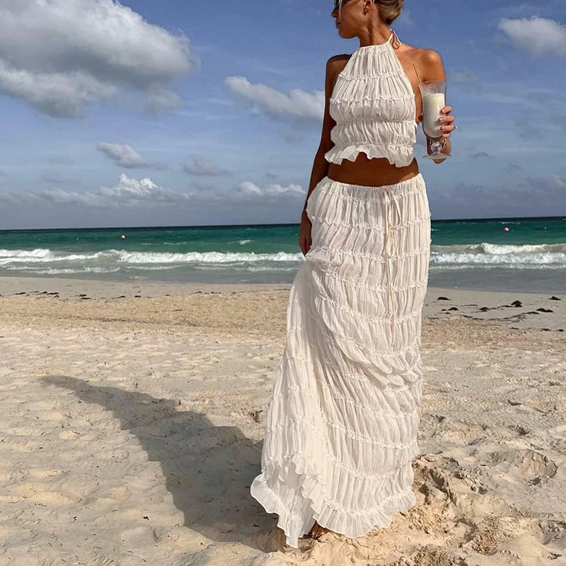 ๐บ Boho Backless 2-Piece Summer Set โ Ruched Halter Top & Maxi Skirt | ุทูู
ูุณุงุฆู ุจููู ุตููู ูุทุนุชูู โ ุชูุจ ูุงูุชุฑ ู
ูุดูู ุงูุธูุฑ + ุชููุฑุฉ ุทูููุฉ ุฃูููุฉ
