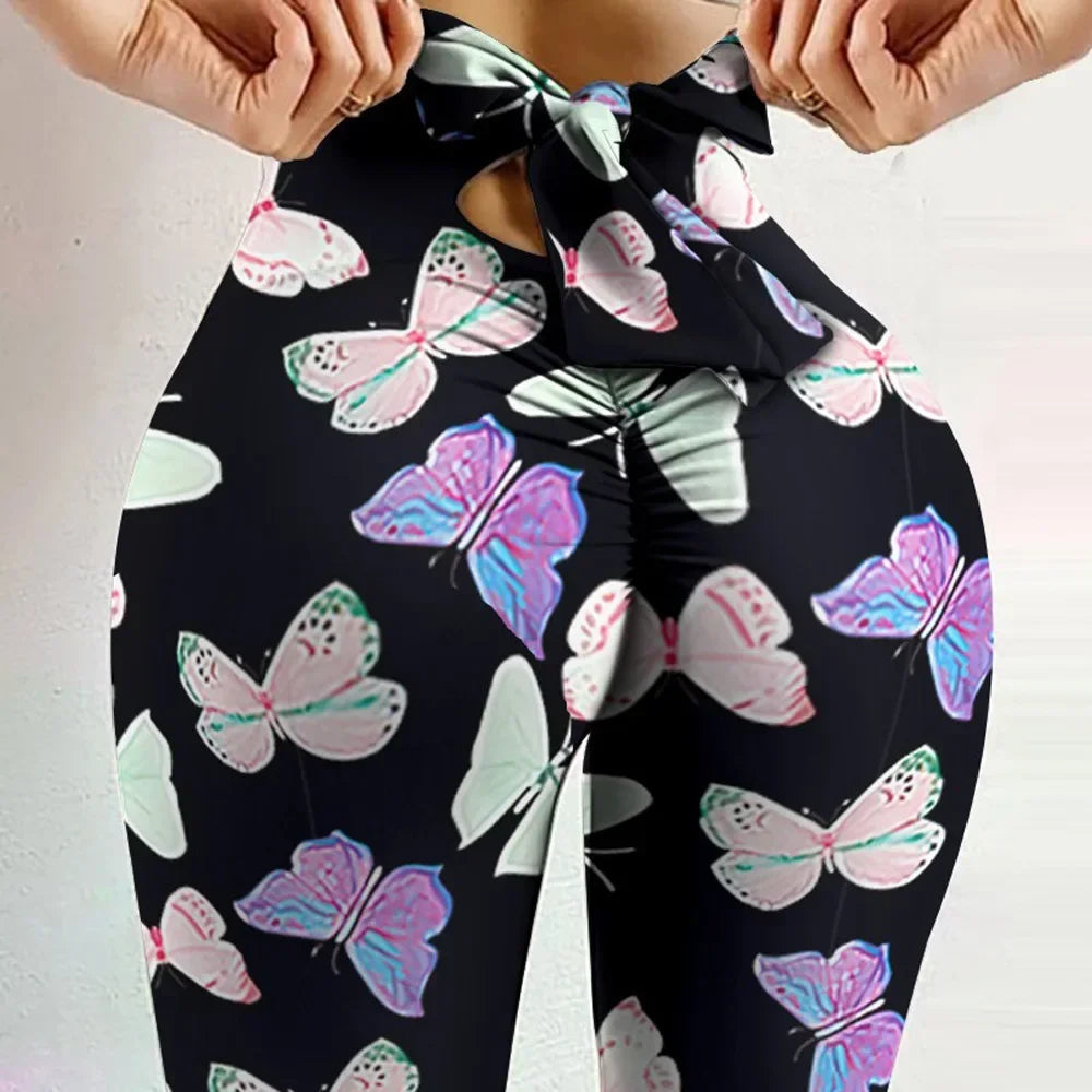 🔥 High-Waist Butterfly Print Yoga Leggings 🧘♀️ – Bowknot Bandage Tights for Women, Butt-Lifting Fitness Pants | ليقنز نسائي عالي الخصر بطبعة فراشة – شريط فيونكة، مشد رفع المؤخرة لليوغا والتمارين