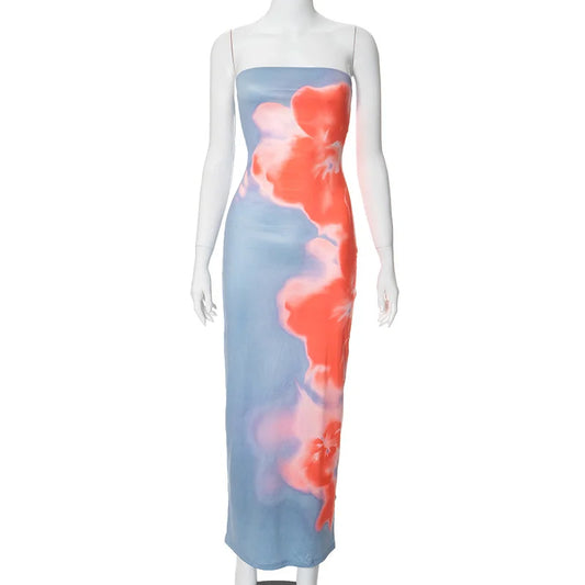 🔥 Strapless Printed Tube Maxi Dress for Women 👙 – Backless Off-Shoulder Y2K Summer Beach Dress | فستان ماكسي نسائي بدون أكتاف – تصميم صيفي مطبوع مكشوف الظهر بأسلوب Y2K