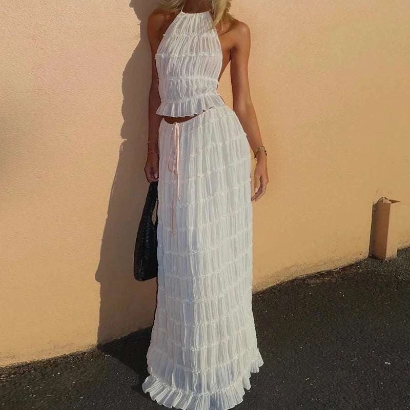 ๐บ Boho Backless 2-Piece Summer Set โ Ruched Halter Top & Maxi Skirt | ุทูู
ูุณุงุฆู ุจููู ุตููู ูุทุนุชูู โ ุชูุจ ูุงูุชุฑ ู
ูุดูู ุงูุธูุฑ + ุชููุฑุฉ ุทูููุฉ ุฃูููุฉ