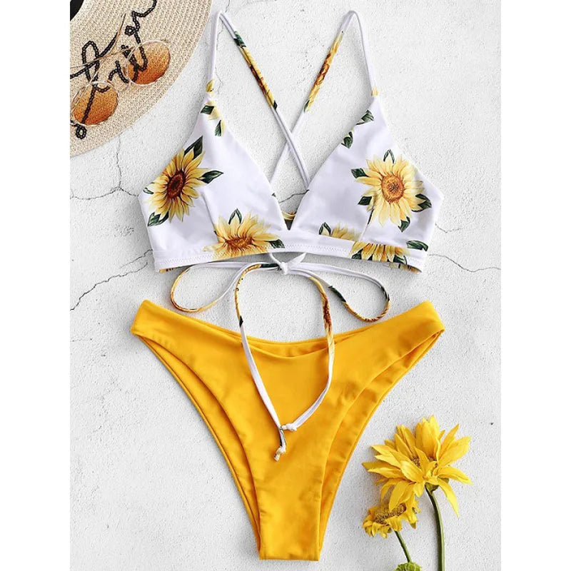 🌻 Sunflower Push-Up Bikini Set – Bandage Style Swimsuit 2025 | بكيني عباد الشمس بوش أب نسائي 2025 – تصميم حبال أنيق ومبطن لإطلالة جريئة على الشاطئ