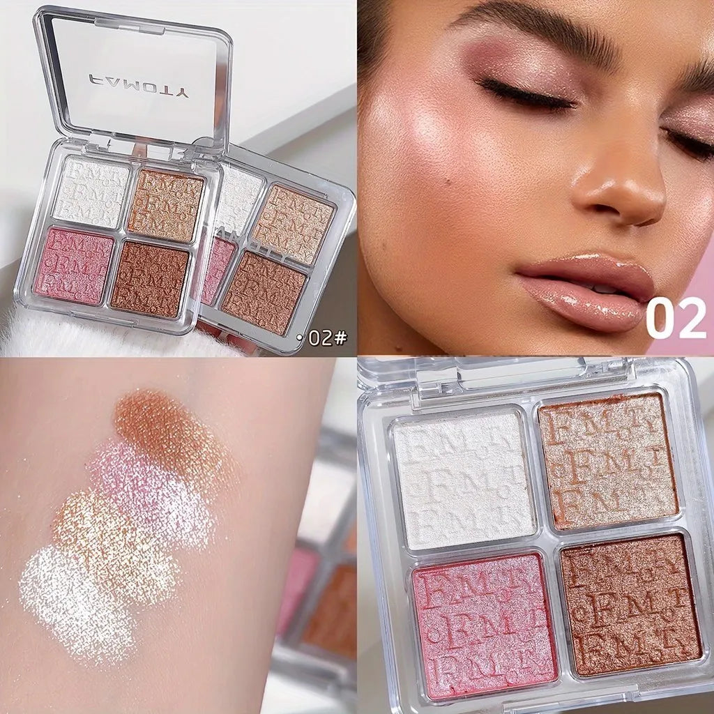 ✨ 4-Color Highlighter Palette – Waterproof Glow & Shimmer Baked Powder 🔷 لوحة إضاءة بأربع ألوان – بودرة مضيئة مقاومة للماء تمنح إشراقة طبيعية وبريق لامع