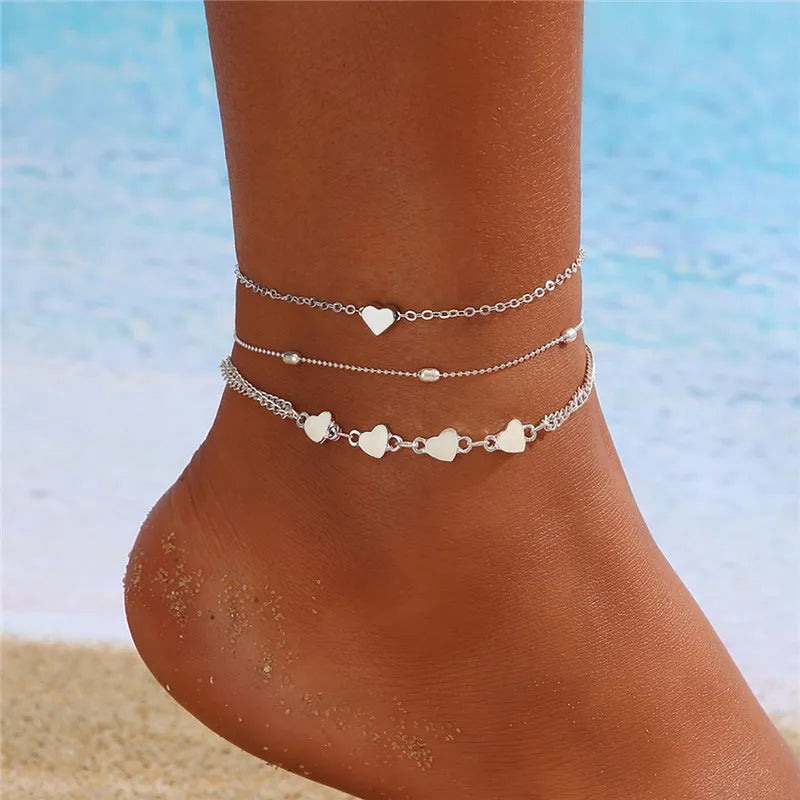 ✨ Simple Heart Barefoot Anklet Sandals – Crochet Leg Chain Foot Jewelry 🔷 خلخال بسيط بشكل قلب – صنادل كروشيه بدون حذاء على القدم مزينة بسلسال للنساء