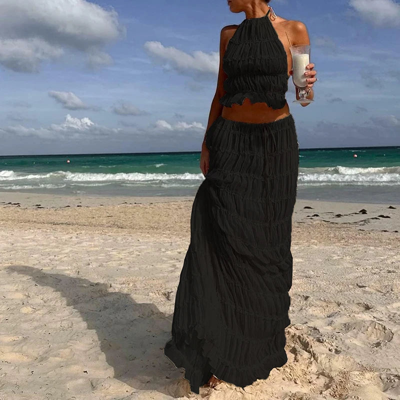 ๐บ Boho Backless 2-Piece Summer Set โ Ruched Halter Top & Maxi Skirt | ุทูู
ูุณุงุฆู ุจููู ุตููู ูุทุนุชูู โ ุชูุจ ูุงูุชุฑ ู
ูุดูู ุงูุธูุฑ + ุชููุฑุฉ ุทูููุฉ ุฃูููุฉ