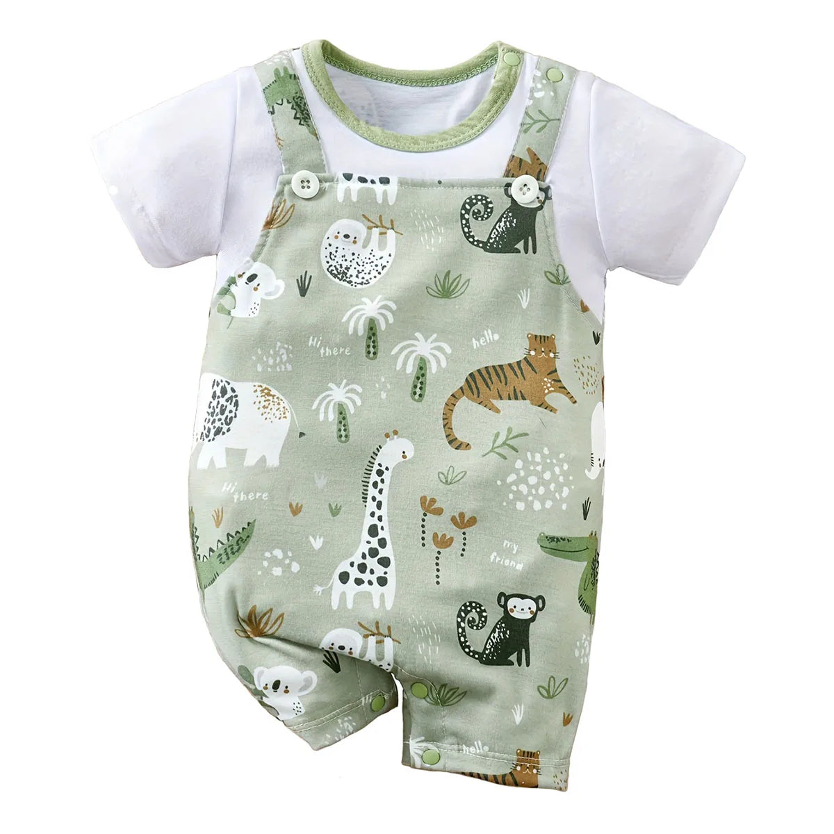 🦁 Infant Zoo Animal Print Romper – Faux 2-Piece Short Sleeve Baby Bodysuit | بادي سوت أطفال رضّع بطبعة حيوانات – قطعة واحدة بأكمام قصيرة بتصميم يشبه الطقم الثنائي