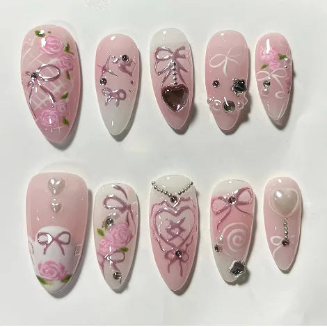 24pcs Sweet Detachable False Nails with Bowknots & Pearls – أظافر صناعية فاخرة قابلة للفك مزينة بفيونكات ولؤلؤ