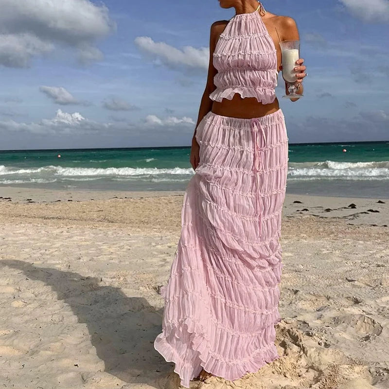 ๐บ Boho Backless 2-Piece Summer Set โ Ruched Halter Top & Maxi Skirt | ุทูู
ูุณุงุฆู ุจููู ุตููู ูุทุนุชูู โ ุชูุจ ูุงูุชุฑ ู
ูุดูู ุงูุธูุฑ + ุชููุฑุฉ ุทูููุฉ ุฃูููุฉ