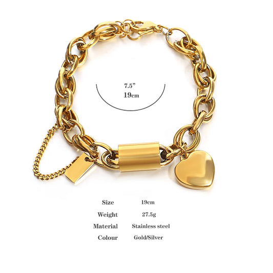 DZ Gold Color Thick Chain Stainless Steel Bracelets for Women Fashion Design Heart Love Pendant Wrist Jewelry