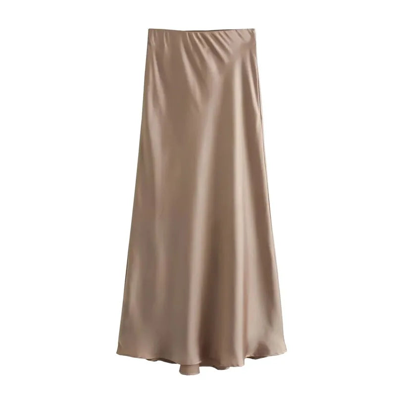💼 Elegant Satin Midi Skirt for Women 👠 – 2024 High Waist Summer Office & Casual Style | تنورة ساتان نسائية أنيقة – خصر عالي، بطول ميدي لصيف 2024 والمناسبات الرسمية