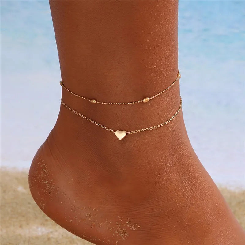✨ Simple Heart Barefoot Anklet Sandals – Crochet Leg Chain Foot Jewelry 🔷 خلخال بسيط بشكل قلب – صنادل كروشيه بدون حذاء على القدم مزينة بسلسال للنساء