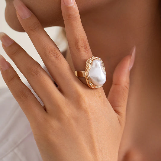 ✨ PuRui Semi-Baroque Pearl Adjustable Ring – Punk Aesthetic Wedding Jewelry 🔷 خاتم بيرل ستايل بانك بحبة لؤلؤ شبه باروكية – تصميم مفتوح قابل للتعديل للزفاف والمناسبات