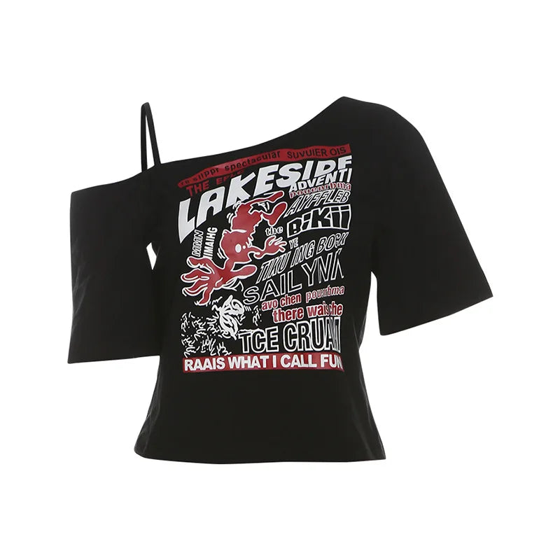 🖤 Gothic Y2K Off-Shoulder Crop Top | توب نسائي قصير بستايل قوثيك وY2K – تصميم مكشوف الكتفين ورسومات جريئة لعشاق الأسلوب البديل