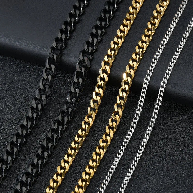 ✨ Stainless Steel Cuban Chain Necklace – 3.5MM/5MM/7MM Gold & Black Punk Style 🔷 سلسلة كوبن ستانلس ستيل للرجال والنساء – ألوان ذهبي وأسود بثلاث سماكات عصرية