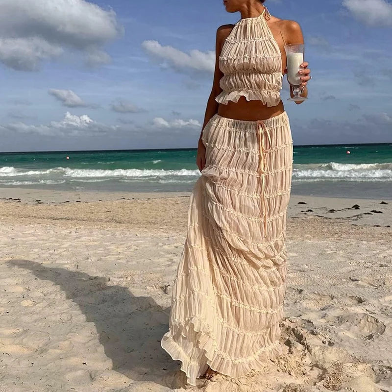 ๐บ Boho Backless 2-Piece Summer Set โ Ruched Halter Top & Maxi Skirt | ุทูู
ูุณุงุฆู ุจููู ุตููู ูุทุนุชูู โ ุชูุจ ูุงูุชุฑ ู
ูุดูู ุงูุธูุฑ + ุชููุฑุฉ ุทูููุฉ ุฃูููุฉ
