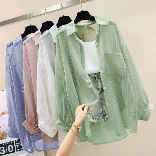☀️ Summer Sheer Chiffon Sunscreen Blouse 👒 – Elegant Loose See-Through Korean Cardigan for Women | بلوزة صيفية شيفون خفيفة وشفافة – كارديغان واسع أنيق لحماية الشمس بإطلالة كورية
