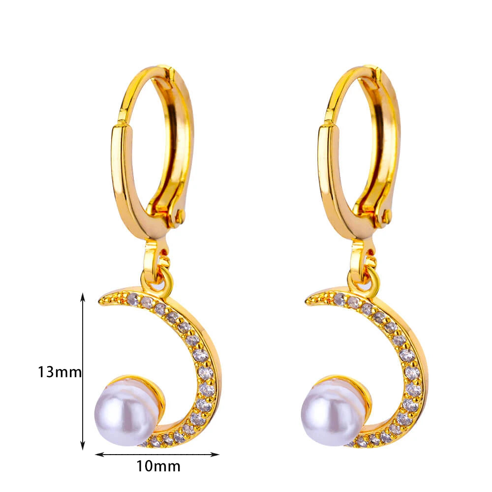 ✨ Luxury Zircon Heart & Moon Hoop Earrings – Imitation Pearl Stainless Steel Wedding Jewelry 🔷 أقراط دائرية فاخرة بزركون وقلب وهلال – تصميم أنيق مع لؤلؤ صناعي من الستانلس ستيل