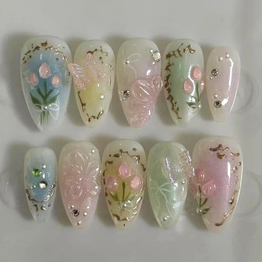 24pcs Sweet Detachable False Nails with Bowknots & Pearls – أظافر صناعية فاخرة قابلة للفك مزينة بفيونكات ولؤلؤ