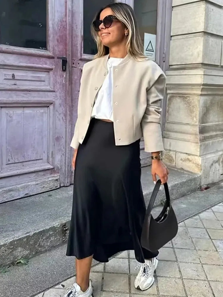 💼 Elegant Satin Midi Skirt for Women 👠 – 2024 High Waist Summer Office & Casual Style | تنورة ساتان نسائية أنيقة – خصر عالي، بطول ميدي لصيف 2024 والمناسبات الرسمية