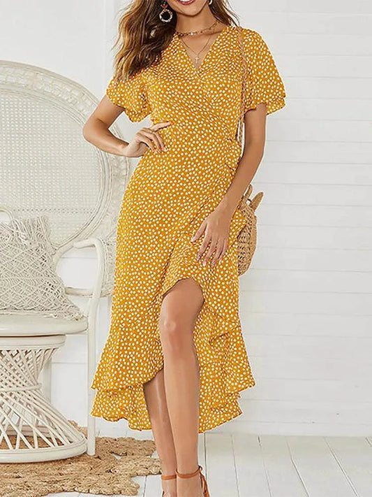🌸 Boho Floral Chiffon Maxi Dress for Women 👗 – Summer Beach V-Neck Wrap Dress with Ruffles & Split | فستان ماكسي نسائي بوهيمي بطبعة زهور – لف صيفي بشيفون، كشكش، وقَصّة مفتوحة