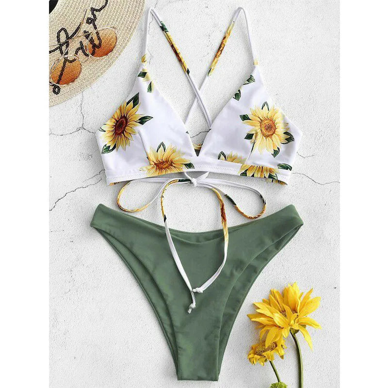 🌻 Sunflower Push-Up Bikini Set – Bandage Style Swimsuit 2025 | بكيني عباد الشمس بوش أب نسائي 2025 – تصميم حبال أنيق ومبطن لإطلالة جريئة على الشاطئ