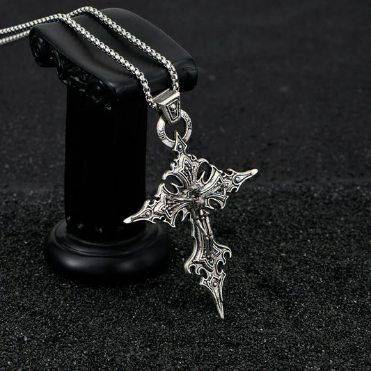 ✨ Retro Gothic Cross & Skull Pendant Necklace – Halloween Punk Style 🔷 قلادة بتصميم جمجمة وصليب مسماري ستايل قوطي عتيق – لإطلالة جريئة وهالوين