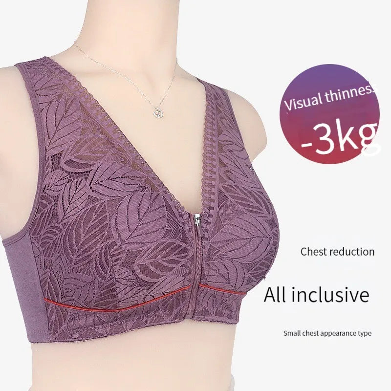 Front Zipper Cotton Lace Bra – Breathable Wireless Tank-Style Bra for Women, Large Size | سوتيان نسائي قطني بسحاب أمامي – مريح بدون سلك، بتصميم تانك ودانتيل، متوفر بمقاسات كبيرة