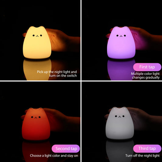 Cute Cat Night Light – 7-Color Silicone Touch Lamp for Kids & Babies | مصباح ليلي قط لطيف – لمبة سيليكون 7 ألوان بلمسة للأطفال والرضع