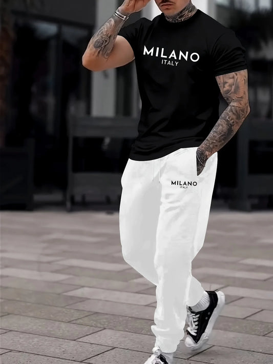 Fashionable Block Summer Men's Letter Printed Comfortable Breathable Round Neck T-shirt Pants Set Outdoor High Street Clothing