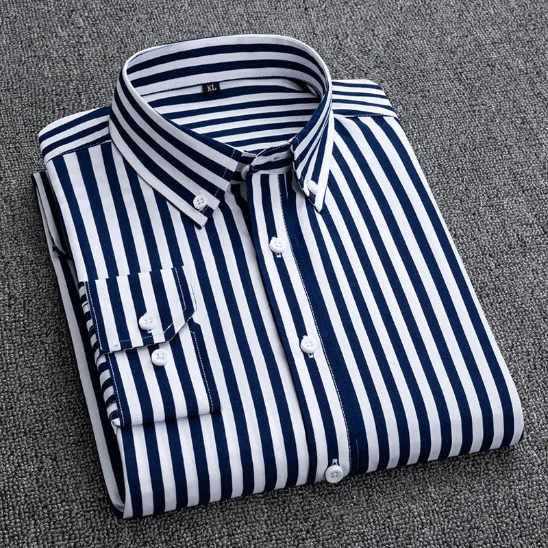Mens Dress Shirts Striped Long Sleeve Plaid Checked Shirt Smart Casual Business Non-Ironing Korean Slim Fit Formal Blue White