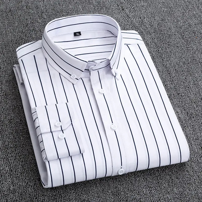 Mens Dress Shirts Striped Long Sleeve Plaid Checked Shirt Smart Casual Business Non-Ironing Korean Slim Fit Formal Blue White