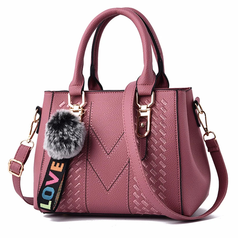 👜 Embroidery Messenger Bags Women Leather Handbags - حقيبة كتف نسائية مطرزة جلدية مع كُرة زينة أنيقة