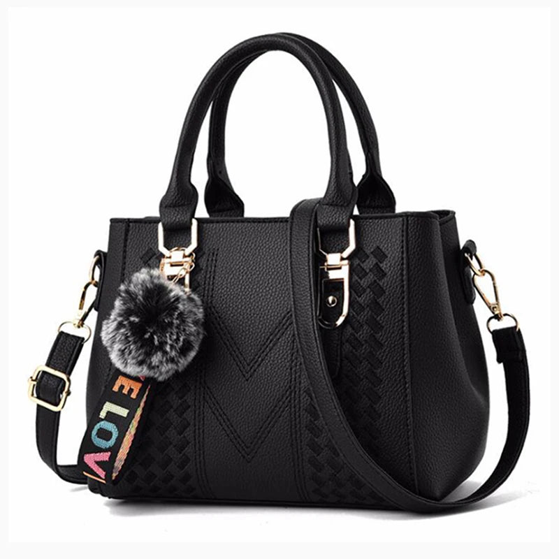 👜 Embroidery Messenger Bags Women Leather Handbags - حقيبة كتف نسائية مطرزة جلدية مع كُرة زينة أنيقة