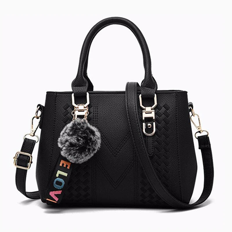 👜 Embroidery Messenger Bags Women Leather Handbags - حقيبة كتف نسائية مطرزة جلدية مع كُرة زينة أنيقة