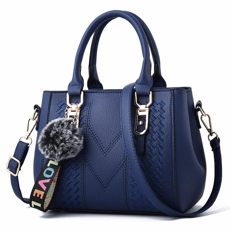👜 Embroidery Messenger Bags Women Leather Handbags - حقيبة كتف نسائية مطرزة جلدية مع كُرة زينة أنيقة