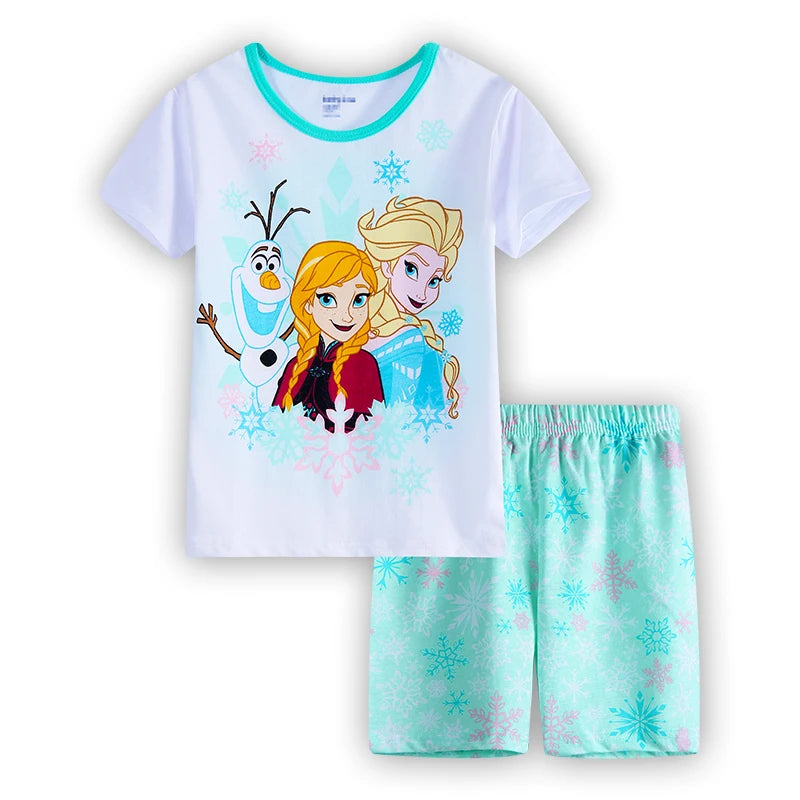 New Summer Casual Frozen Snow Queen Children's Short Sleeve Pajamas Cartoon Suit Girls Cotton Kids Pajamas Dress Costumes