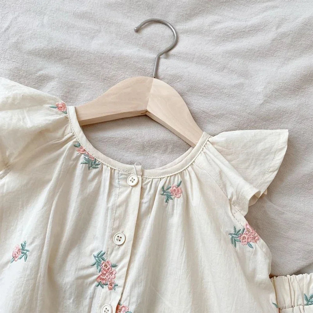Girls' Summer Fashion Set Children's Flower Print Flying Sleeve Top+Shorts Two Piece Cute Little Girl Refreshing Set