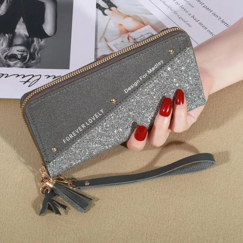 KISMIS New Long Women's Zipper Wallet - Korean Splicing, Color Contrast, Tassel, and Rivet Details