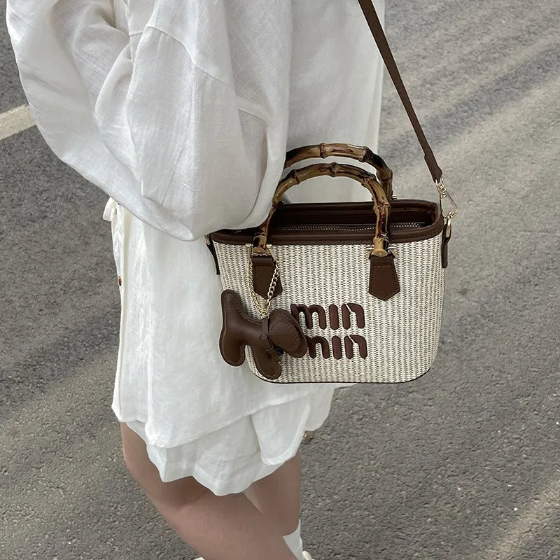 2025 New Spring Fashion Contrasting Straw Bamboo Joints Basket Bag Bucket Bag Hand-held Shoulder Diagonal Bag