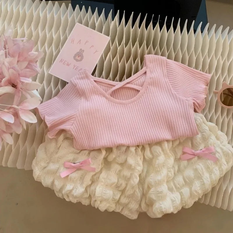2-8Y Girls' Summer Set 2025 New Baby Girl Shirt+Shorts Korean Fashionable Short Sleeve Kids Flower Pumpkin Pants Two Piece Set