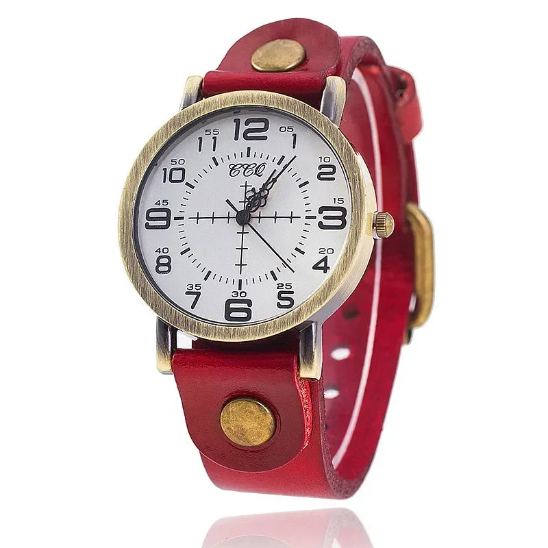 Classic vintage-style unisex watch featuring a genuine leather strap