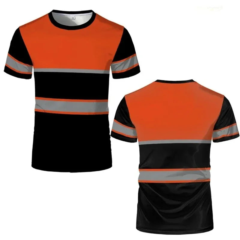 Simple Striped Safety Work T Shirt Casual Summer Short Sleeve with 3D Printed Pattern Suitable for Family Adults Kids Daily Wear