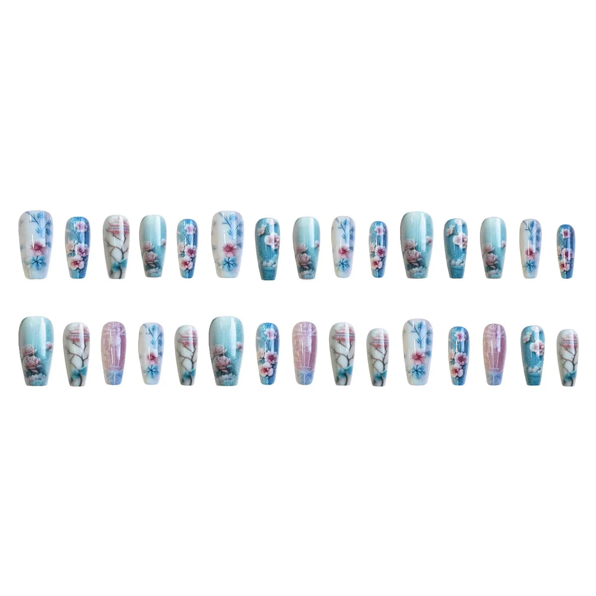 Medium long fake nails Blue pink flowers leaf for Spring summer ballet shape full cover reusable ABS Press-On Artificial Nails