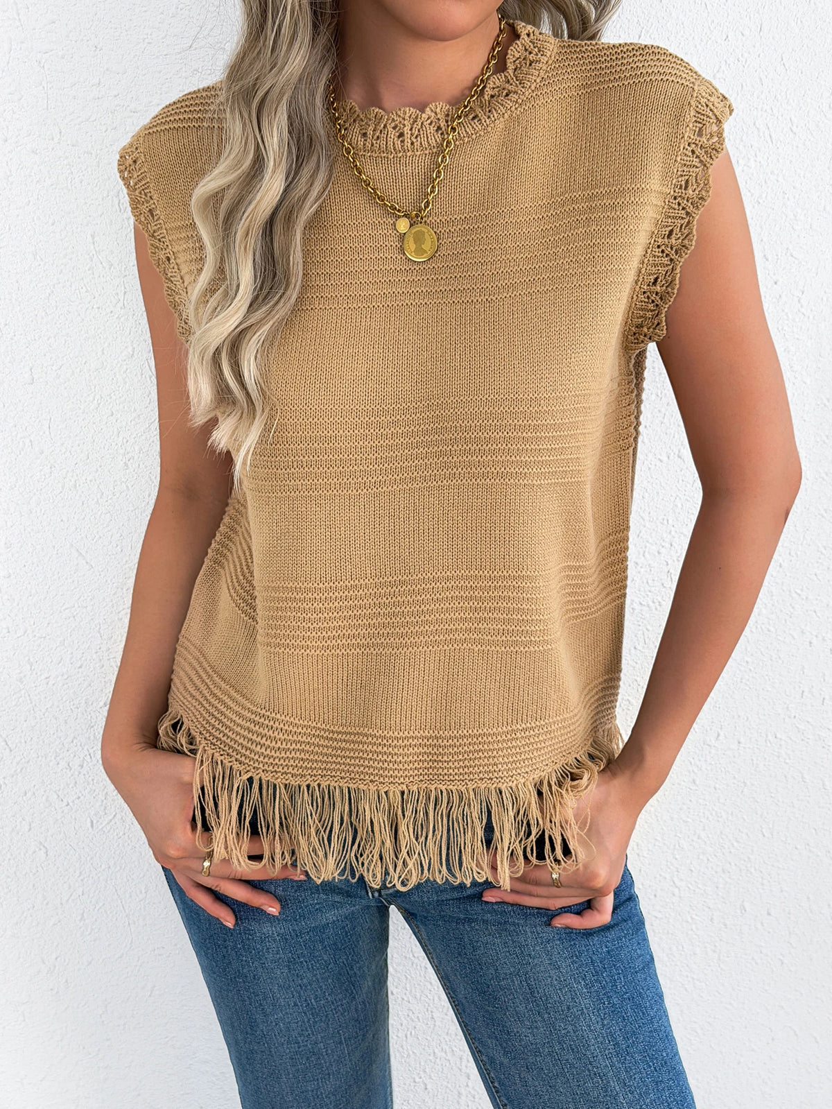 2026 Casual Round Neck Sleeveless Tassel Knit Sweater Vest for Spring Summer and Autumn Style Women Clothes Red Apricot Khaki