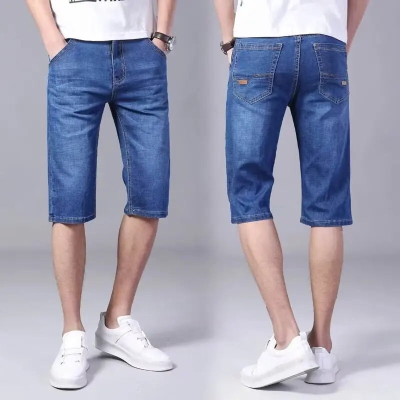 New Big Size Long Length Men's Shorts Loose Stretch Jean Bermuda Male Thin 3/4 Capris Summer Light Large Plus Fat Denim Breeches