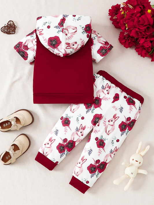 Summer Baby girl Casual Set Hoodie Color Blocked Flower Short sleeved