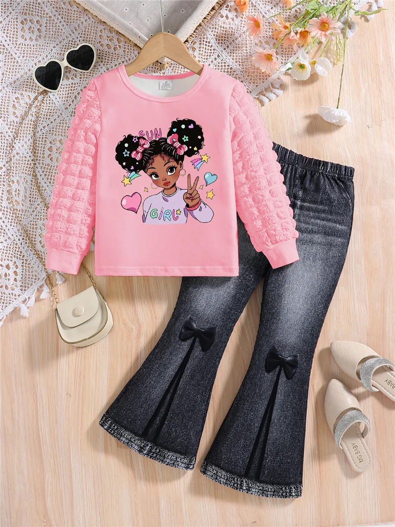 Girls’ Spring & Autumn Fashion Set – Cartoon Top & Slim Pants